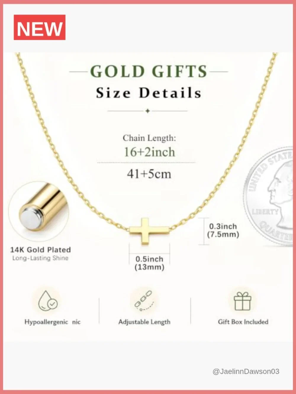 14K Gold Plated Sideways Cross Necklace Dainty Minimalist Pendant Faith Gift